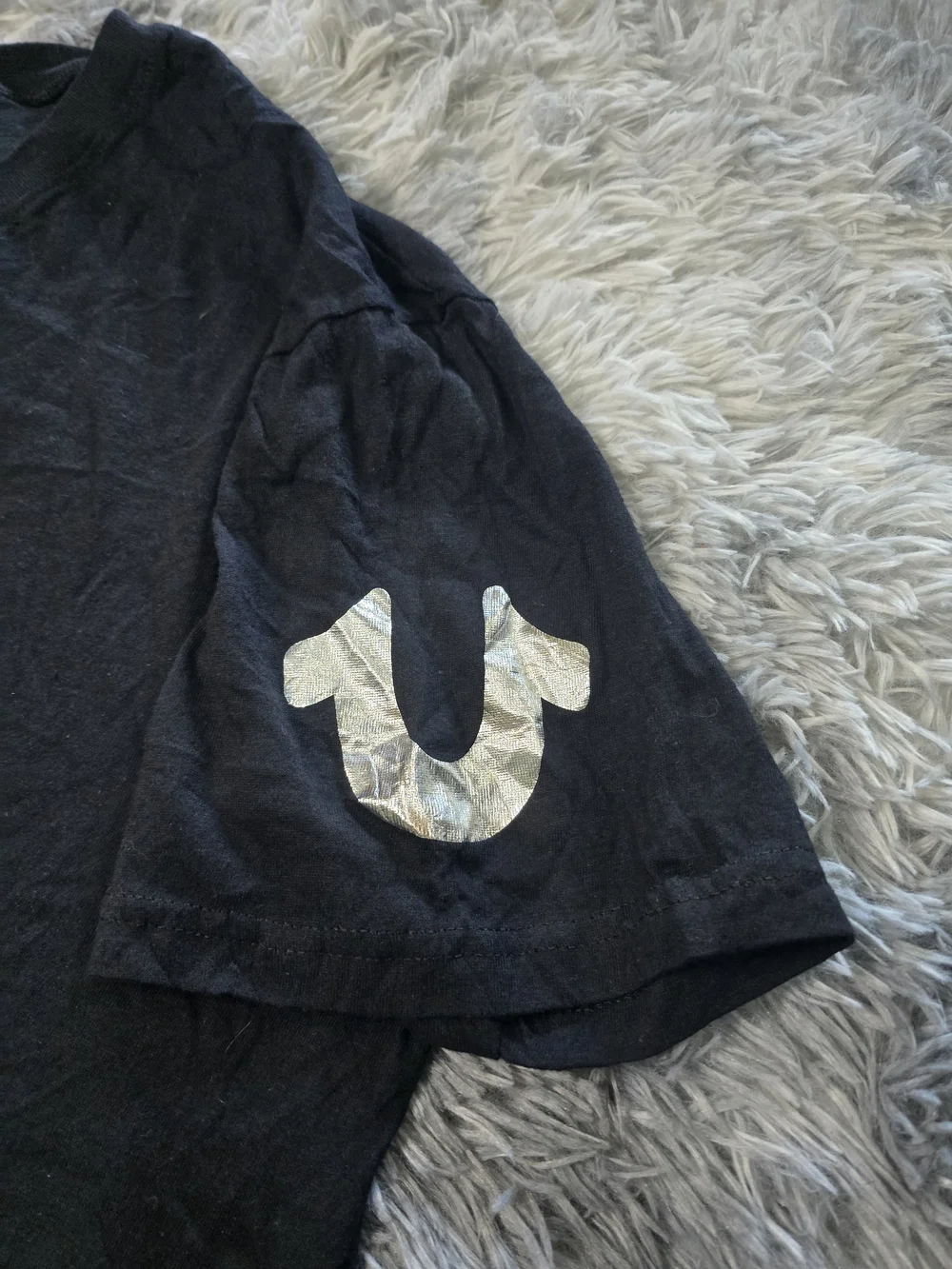 True Religion Men's Black V-Neck Tee with Silver Logo Accents Size Large
